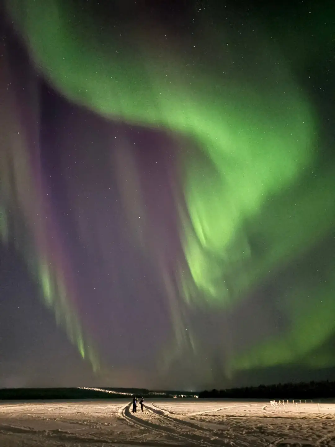 Northern Lights swirling in green and purple over snowy landscape
