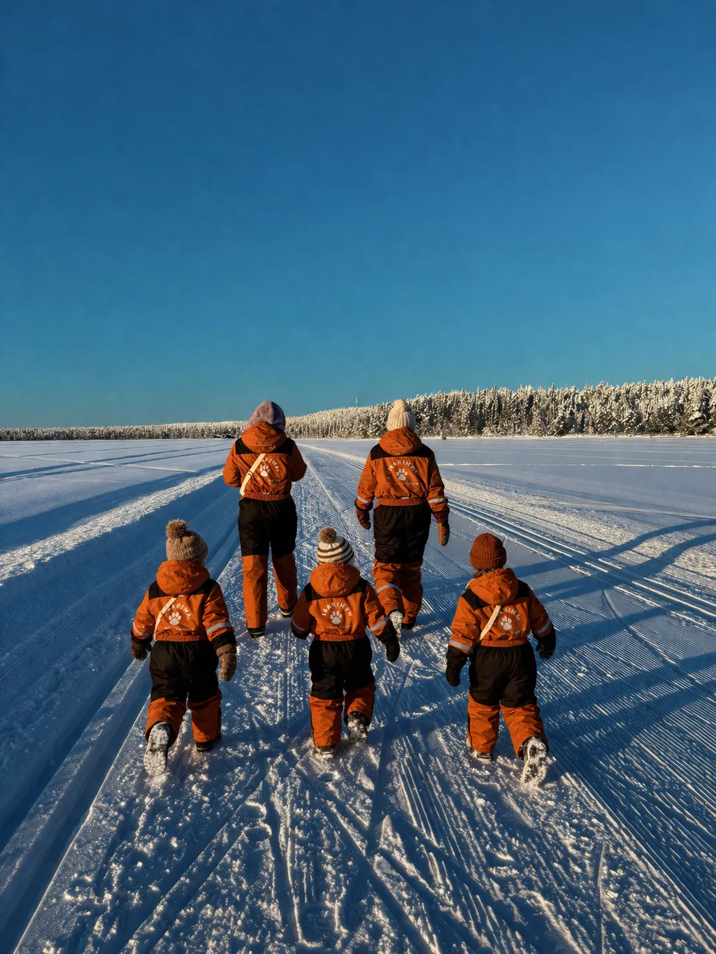 Family in orange thermal suits exploring a frozen lake under clear blue sky